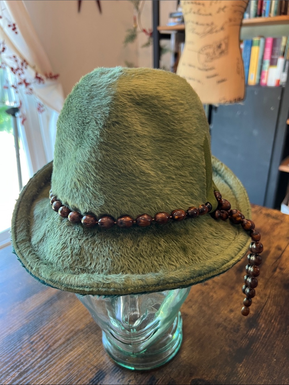 Vintage Mr. JOhn Sr. Olive Green Faux Fur Bucket Hat with Wooden Bead Trim